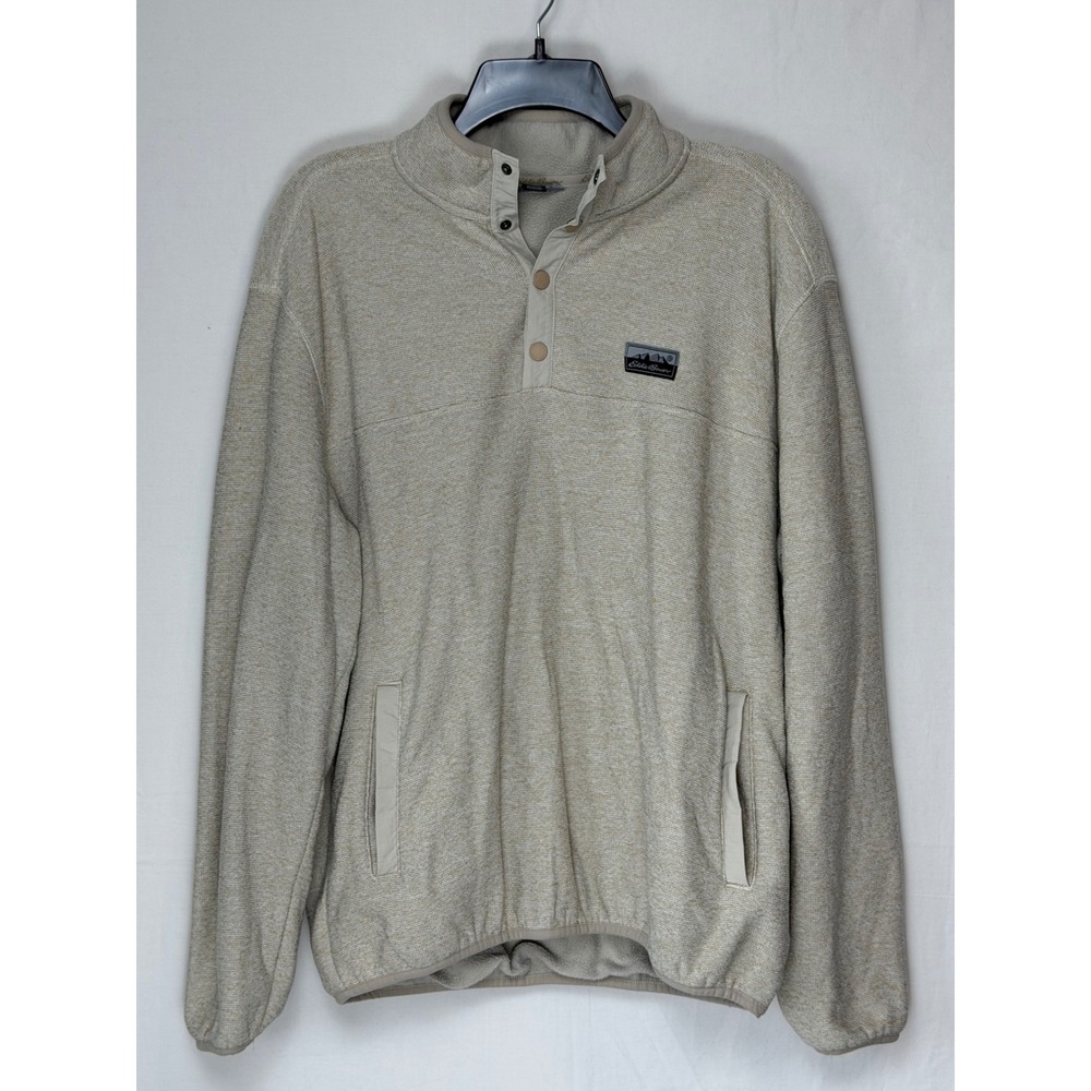Eddie Bauer Mens Pullover Fleece L Tan Quarter Snap Mock Neck Sweater Pockets